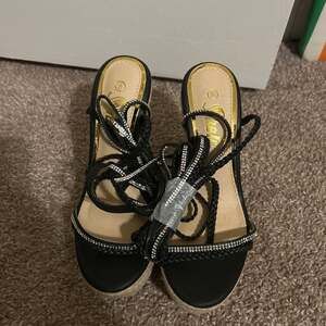 Black Rhinestone Embellished Wedge Sandals